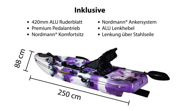 Nordmann® Lady Line Dingi 250 - 8.2 Angelkajak Sit on Top inkl. Zahnstangen-Pedalantrieb - Outdoor Monkey