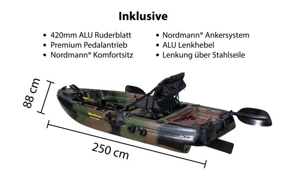 Nordmann® Dingi 250 - 8.2 Angelkajak Sit on Top inkl. Zahnstangen-Pedalantrieb - Military - Outdoor Monkey