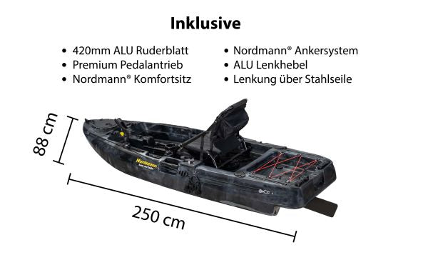 Nordmann® Dingi 250 - 8.2 Angelkajak Sit on Top inkl. Zahnstangen-Pedalantrieb - Camo/Black