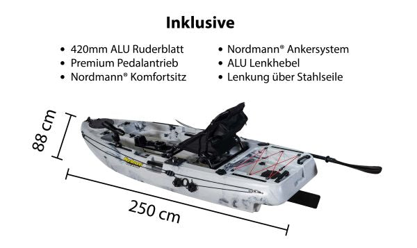 Nordmann® Dingi 250 - 8.2 Angelkajak Sit on Top inkl. Zahnstangen-Pedalantrieb - Camo/Steel