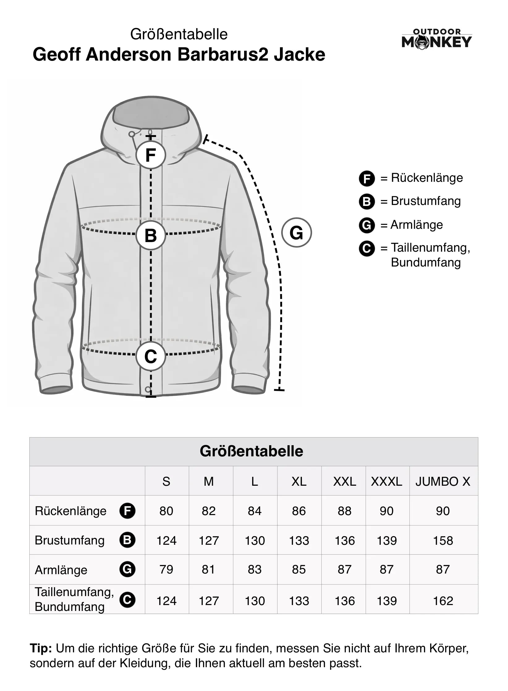 Geoff Anderson Barbarus2 Jacke Größentabelle