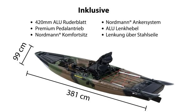 Nordmann® Ranger 12.5 Angelkajak Sit on Top inkl. Zahnstangen-Pedalantrieb - Camo/Military