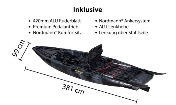 Nordmann® Ranger 12.5 Angelkajak Sit on Top inkl. Zahnstangen-Pedalantrieb - Camo/Black