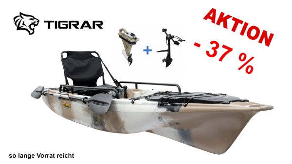 Nordmann® Tigrar 12.8 Angelkajak Sit on Top | inkl. Pedalantrieb und Elektromotor | Restposten - Camo/Petrol