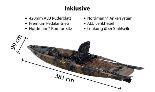 Nordmann® Ranger 12.5 Angelkajak Sit on Top inkl. Zahnstangen-Pedalantrieb - Camo/Sand