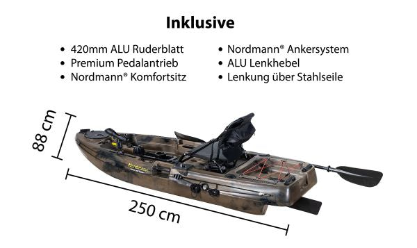 Nordmann® Dingi 250 - 8.2 Angelkajak Sit on Top inkl. Zahnstangen-Pedalantrieb - Camo/Sand